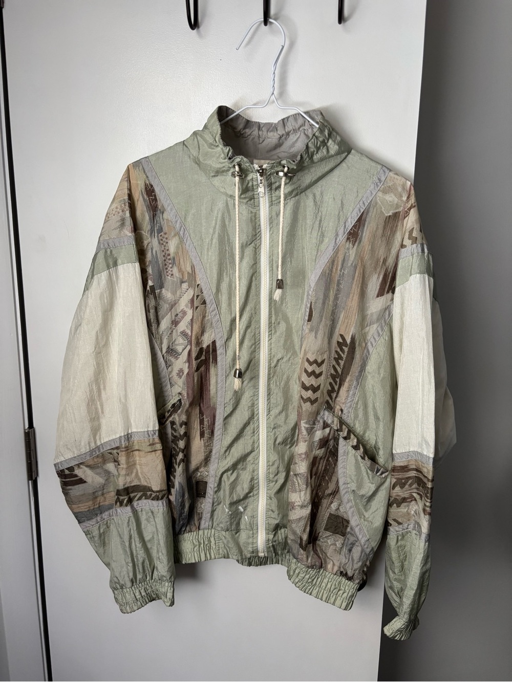 Vintage 90s Color Block Tribal Print Sage Green Retro 80s Windbreaker Jacket